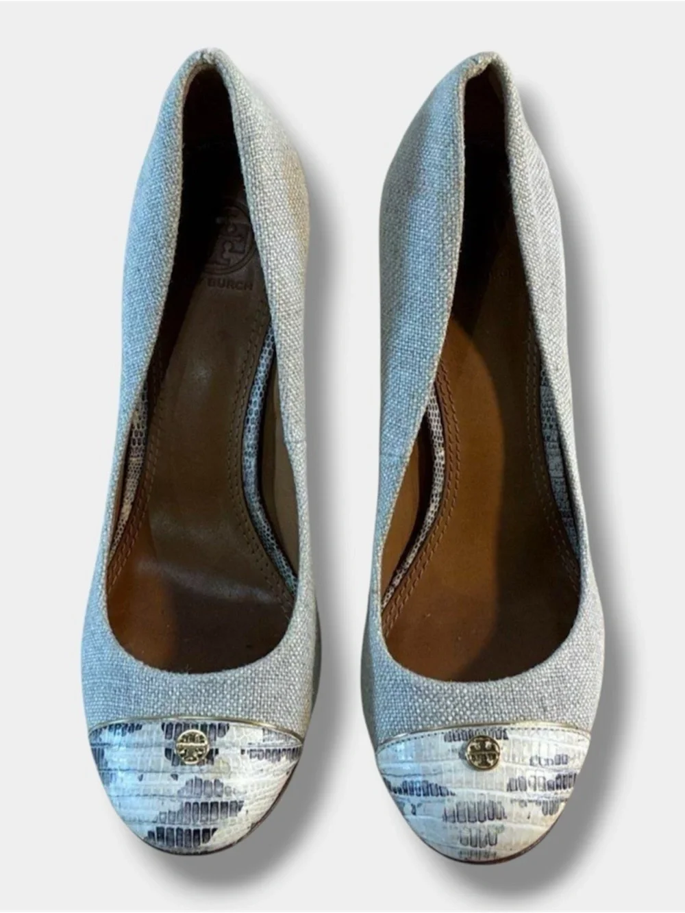 Tory Burch Cap Toe Pumps Linen Fabric Medallion Block Heel Womens Size 7.5M